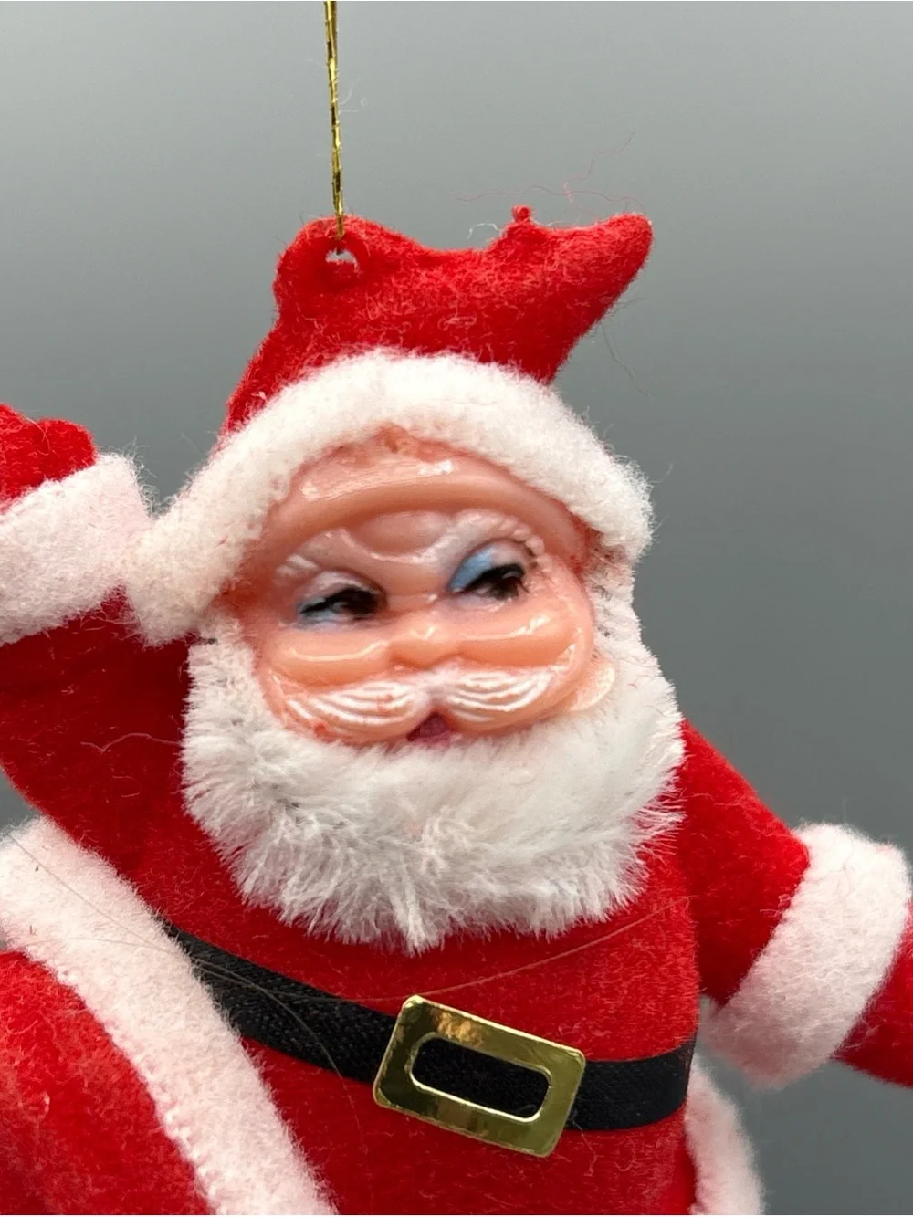 Vintage Santa Claus Flocked Ornament Red Mid Century Dancing Merry 4 Inch Figure